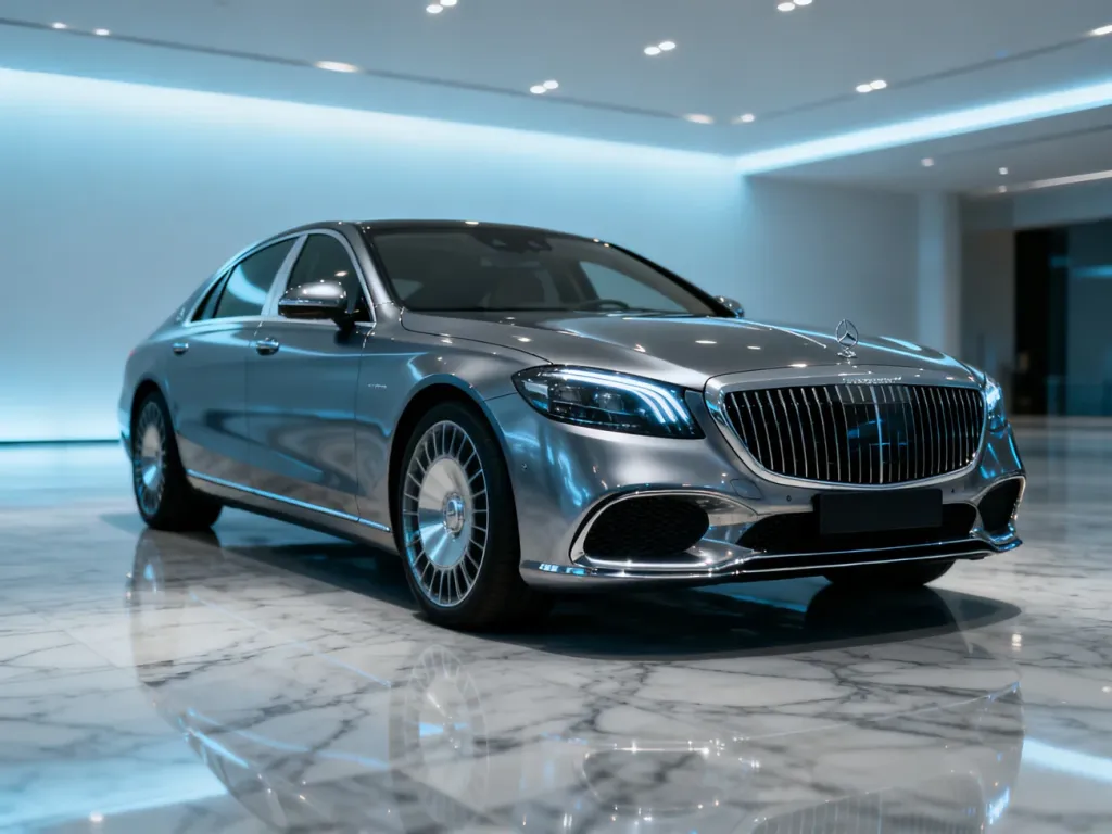 Luksusowy Mercedes-Maybach coupe zaparkowany w minimalistycznym salonie o marmurowej podłodze.