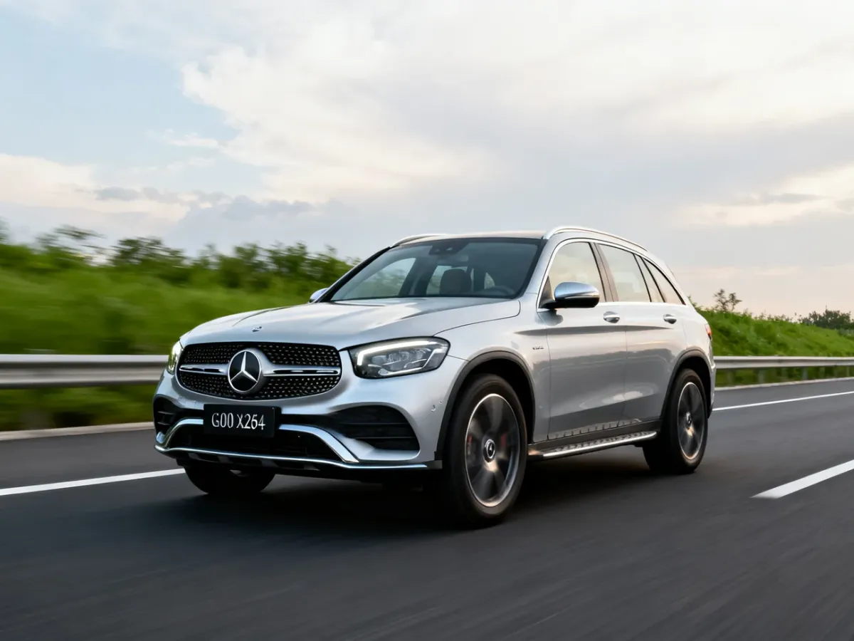 Srebrny Mercedes GLC 200 jadący spokojnie autostradą