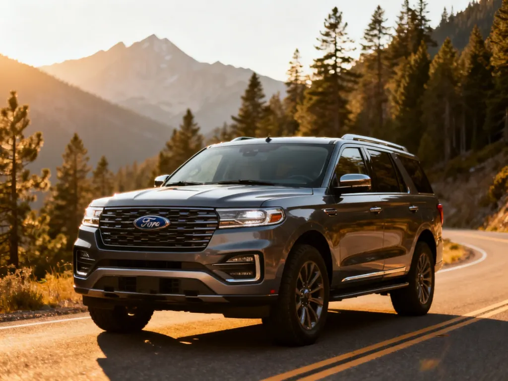 Nowoczesny SUV marki Ford zaparkowany na malowniczej górskiej drodze podczas zachodu słońca.