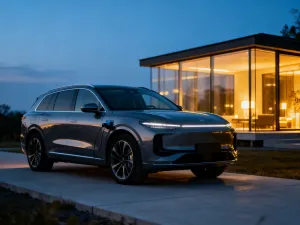Srebrny Mercedes cabrio z otwartym dachem zaparkowany na malowniczym wybrzeżu w świetle zachodzącego słońca.