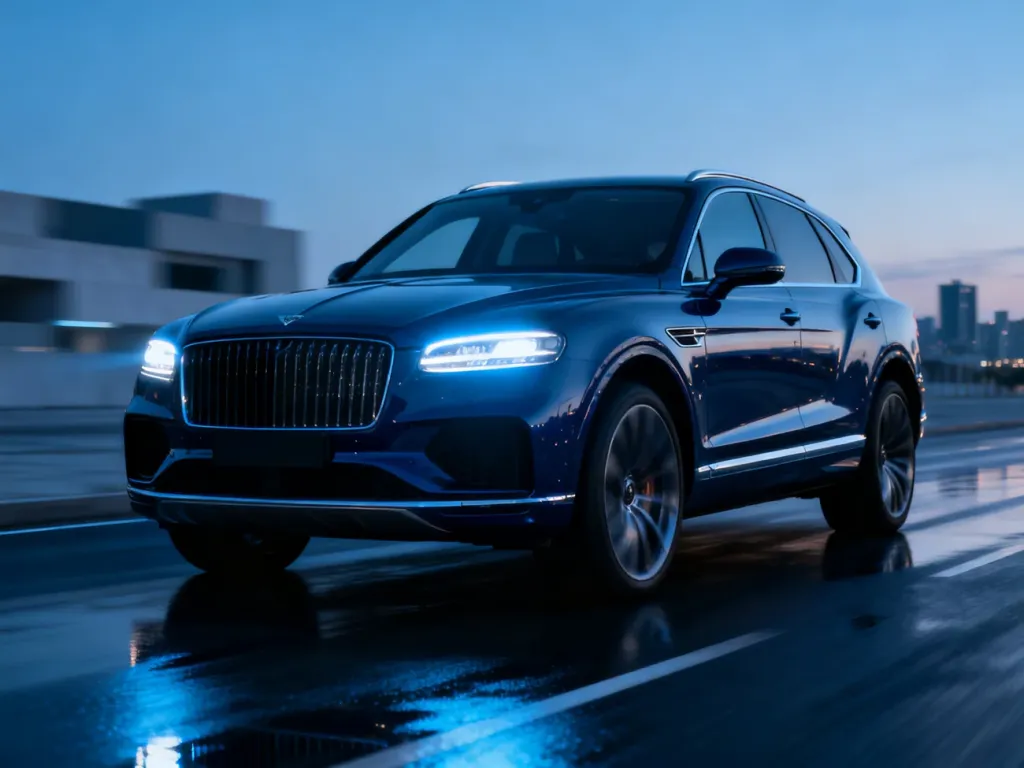 Nowoczesne Audi Q7 zaparkowane na tle minimalistycznego miasta o zmroku, podkreślające dynamiczną sylwetkę pojazdu.