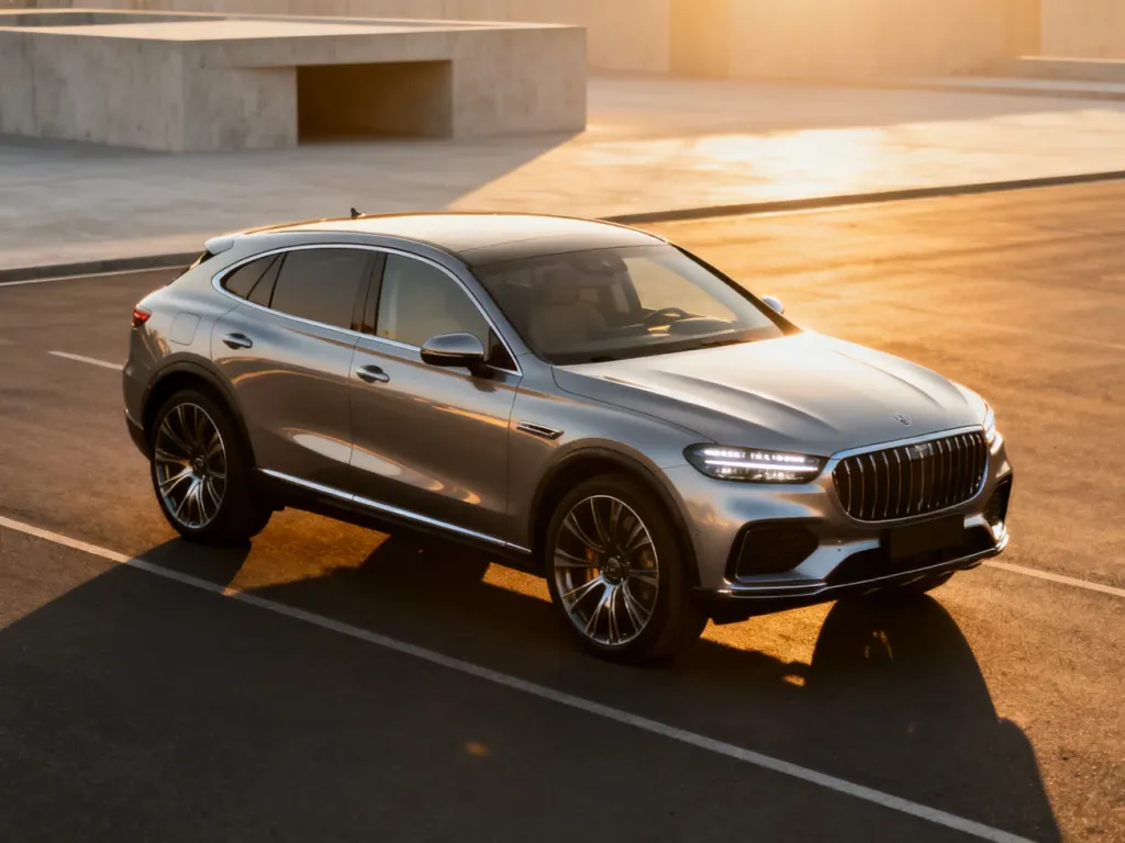 Nowoczesny SUV Audi Q7 zaparkowany na asfalcie w świetle zachodzącego słońca, podkreślającym jego elegancką sylwetkę.