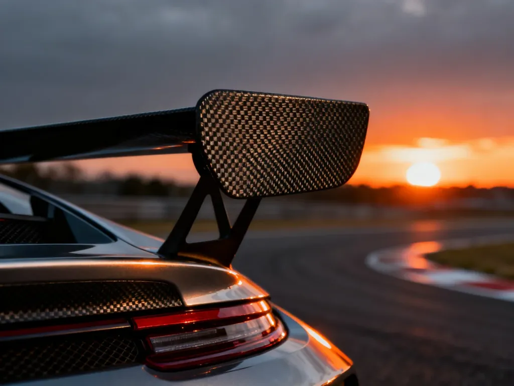 Zbliżenie na karbonowy spojler Mercedesa AMG GT Black Series na tle toru wyścigowego o zachodzie słońca.