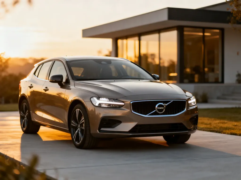 Nowoczesny hatchback Volvo zaparkowany na minimalistycznym podjeździe w świetle zachodzącego słońca.
