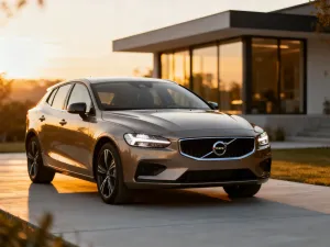 Nowoczesny sedan Mercedes-Benz zaparkowany na malowniczej nadmorskiej trasie podczas zachodu słońca.