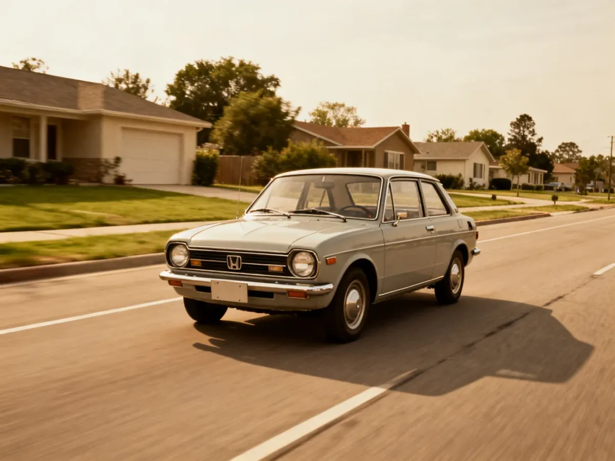 Klasyczna Honda Civic z początku lat 70. jadąca po amerykańskiej drodze