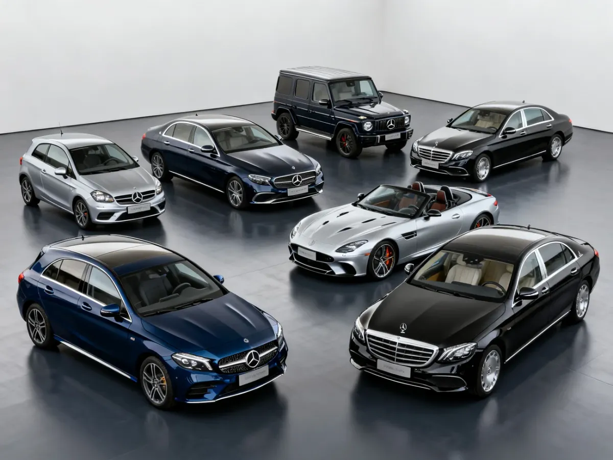 Przekrojowa gama samochodów Mercedes-Benz obejmująca auta kompaktowe, limuzynę, SUV i roadstera