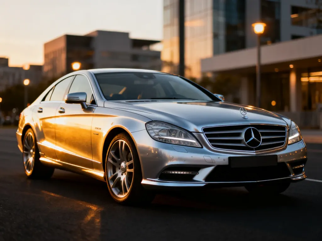 Srebrny Mercedes-Benz CL 600 zaparkowany na asfalcie w świetle zachodzącego słońca na tle nowoczesnego miasta.
