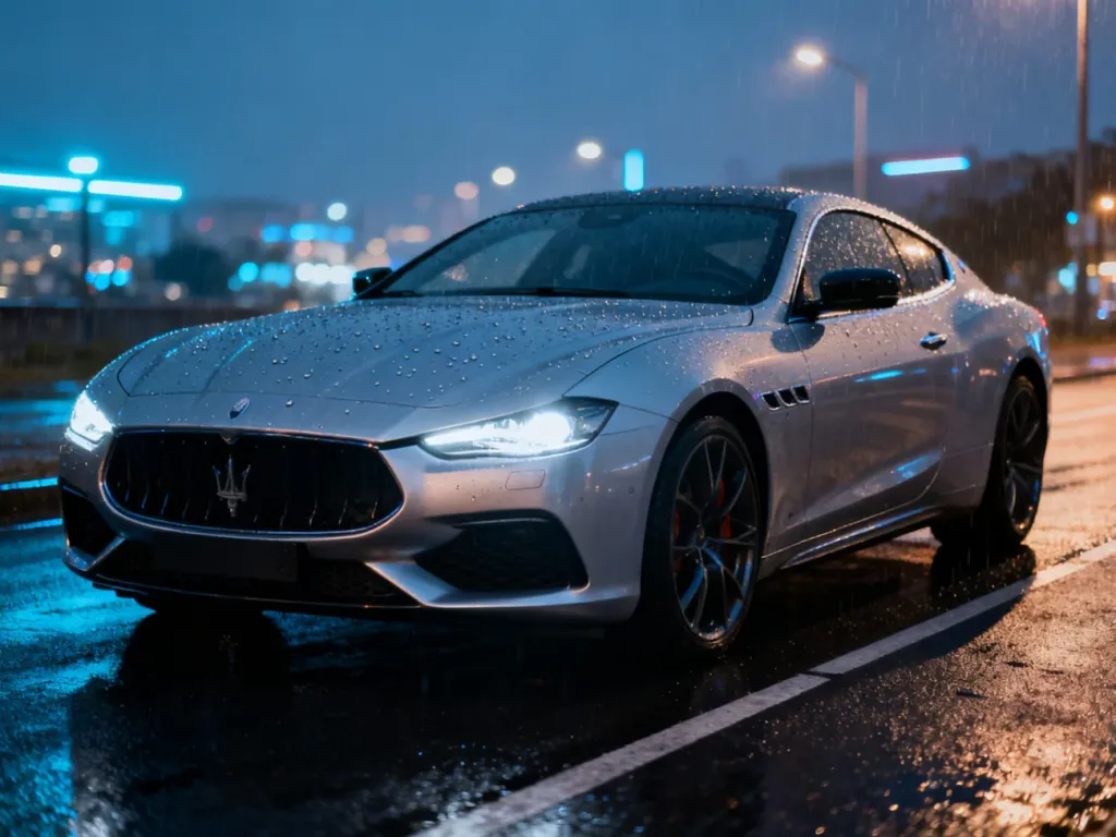Srebrny Mercedes-AMG CLA zaparkowany na mokrym asfalcie o zmroku, prezentujący sportową sylwetkę na tle miejskich świateł.