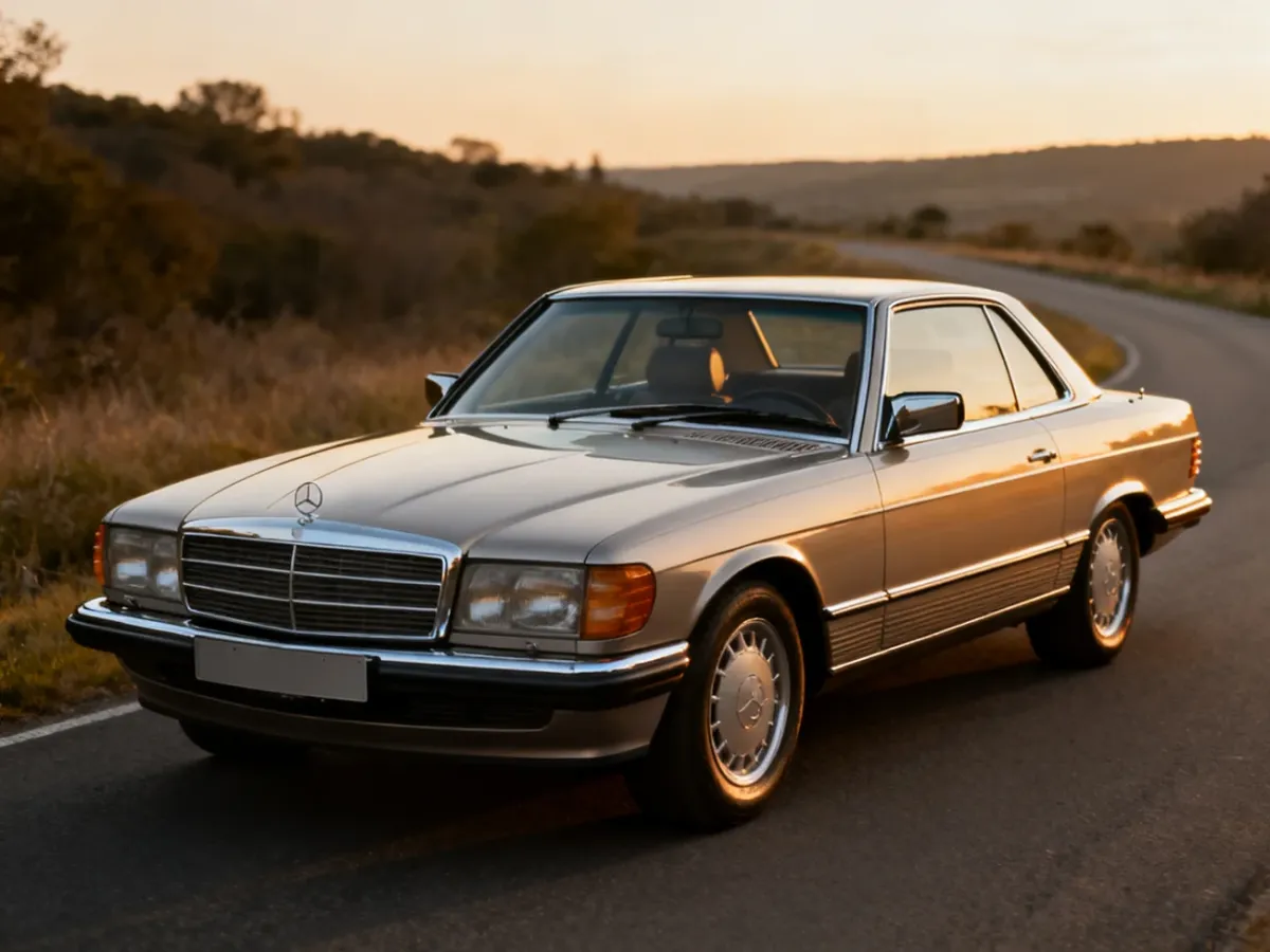 Klasyczny Mercedes 560 SEC C126 zaparkowany na malowniczej drodze
