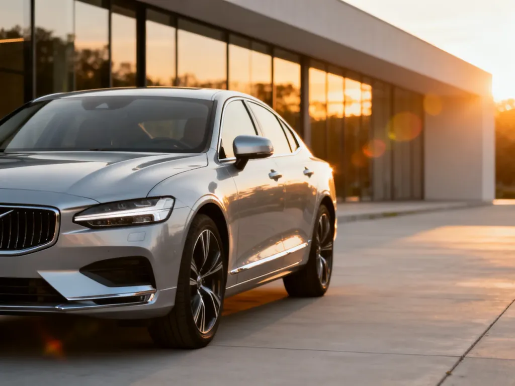 Srebrny sedan marki Peugeot zaparkowany na nowoczesnym podjeździe w świetle zachodzącego słońca.