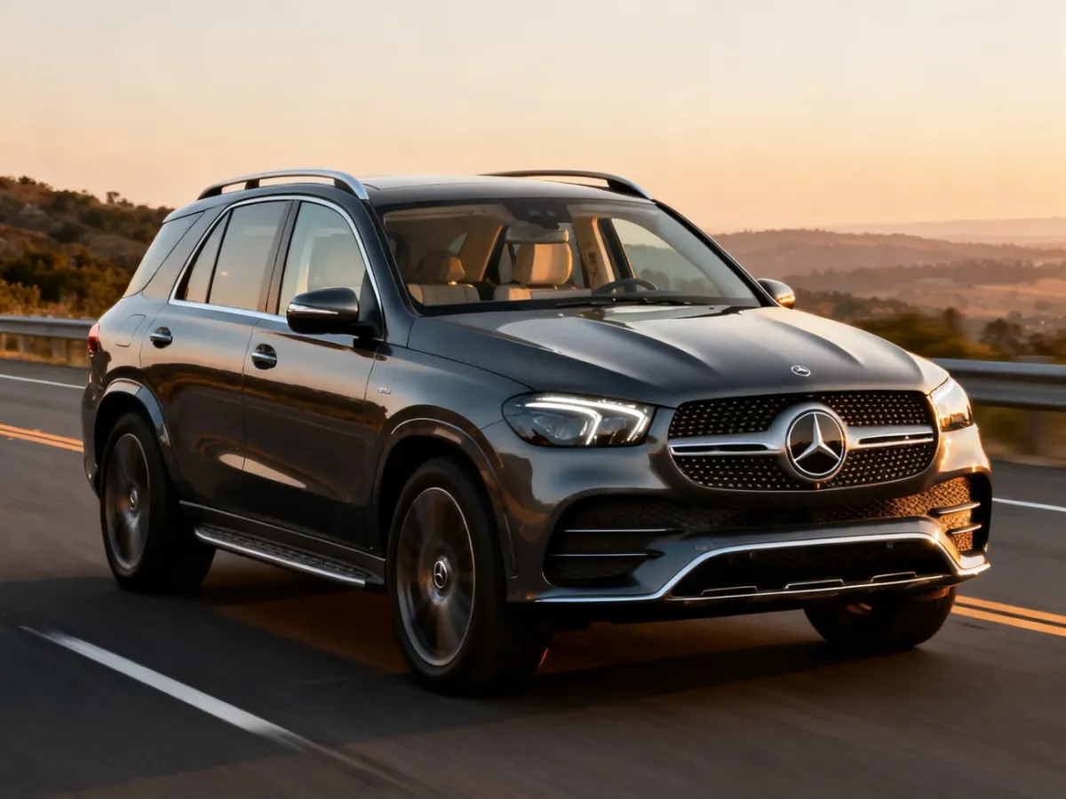 Mercedes GLE 400d jadący spokojnie autostradą w eleganckim otoczeniu