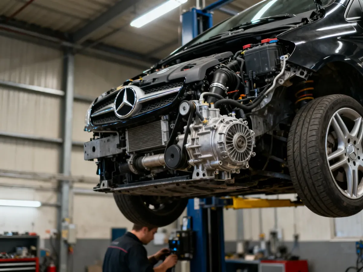 Silnik i skrzynia biegów Mercedesa Klasy A W169 oglądane w warsztacie