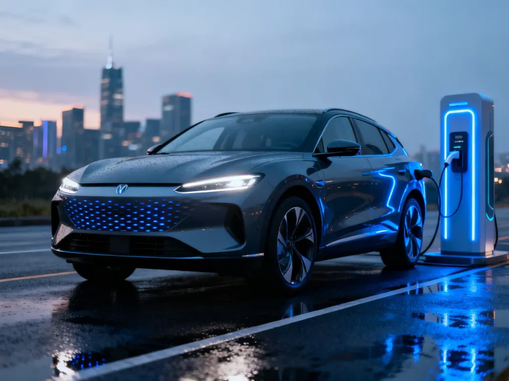 Nowoczesny elektryczny SUV Audi e-tron ładowany na stacji w miejskiej scenerii o zmierzchu.