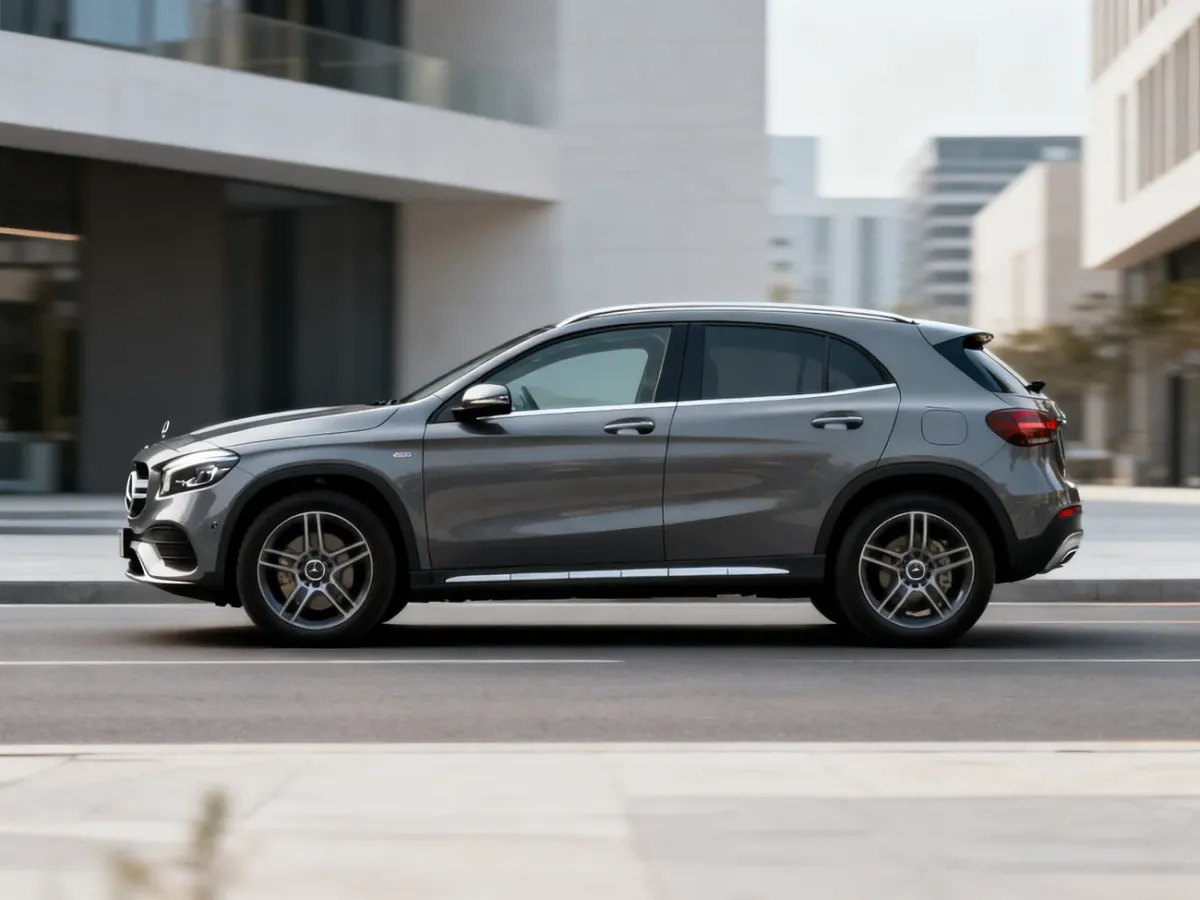 Mercedes GLA 2026/2027 na miejskiej ulicy, ukazujący kompaktowe nadwozie i wydłużony rozstaw osi