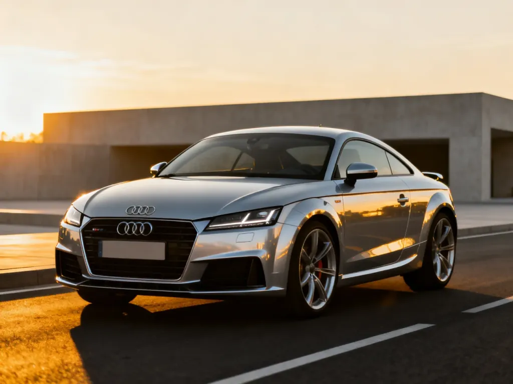 Srebrne Audi TT zaparkowane na asfalcie w świetle zachodzącego słońca, podkreślające jego sportową sylwetkę.