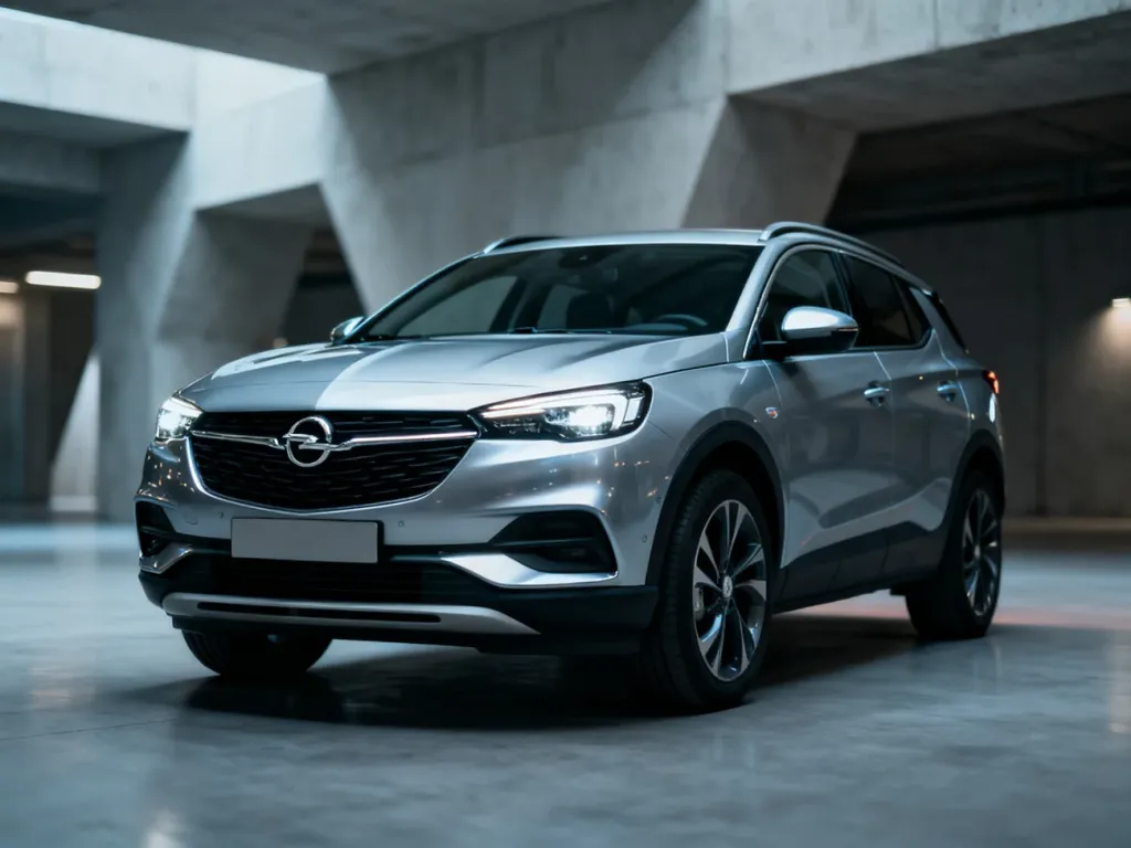 Nowoczesny SUV marki Opel w kolorze srebrnym zaparkowany w minimalistycznej przestrzeni o industrialnym charakterze.