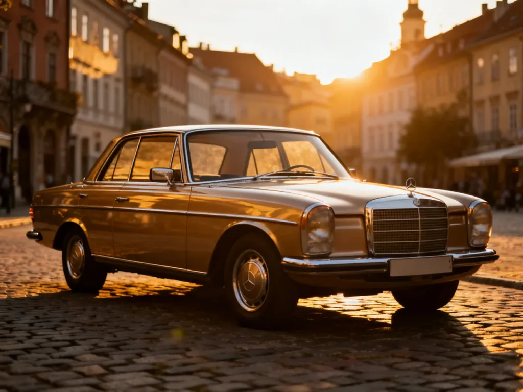 Zadbany Mercedes W115 coupe zaparkowany na brukowanej uliczce w historycznym europejskim mieście o zachodzie słońca.