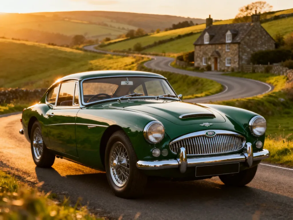Klasyczny brytyjski samochód sportowy w kolorze British Racing Green zaparkowany na malowniczej wiejskiej drodze.