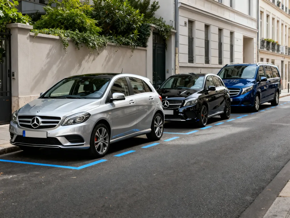 Kompaktowe modele Mercedesa zaparkowane na miejskiej ulicy