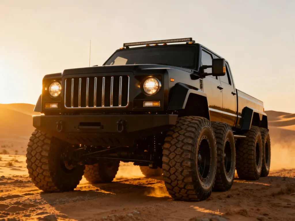Czarny Mercedes-Benz G63 AMG 6x6 zaparkowany na piaszczystych wydmach w świetle zachodzącego słońca.