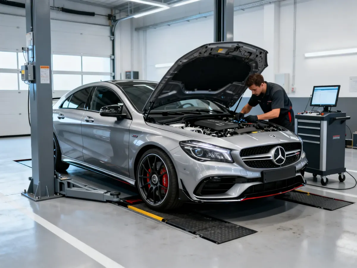 Mercedes-AMG CLA 45 podczas kontroli w warsztacie samochodowym