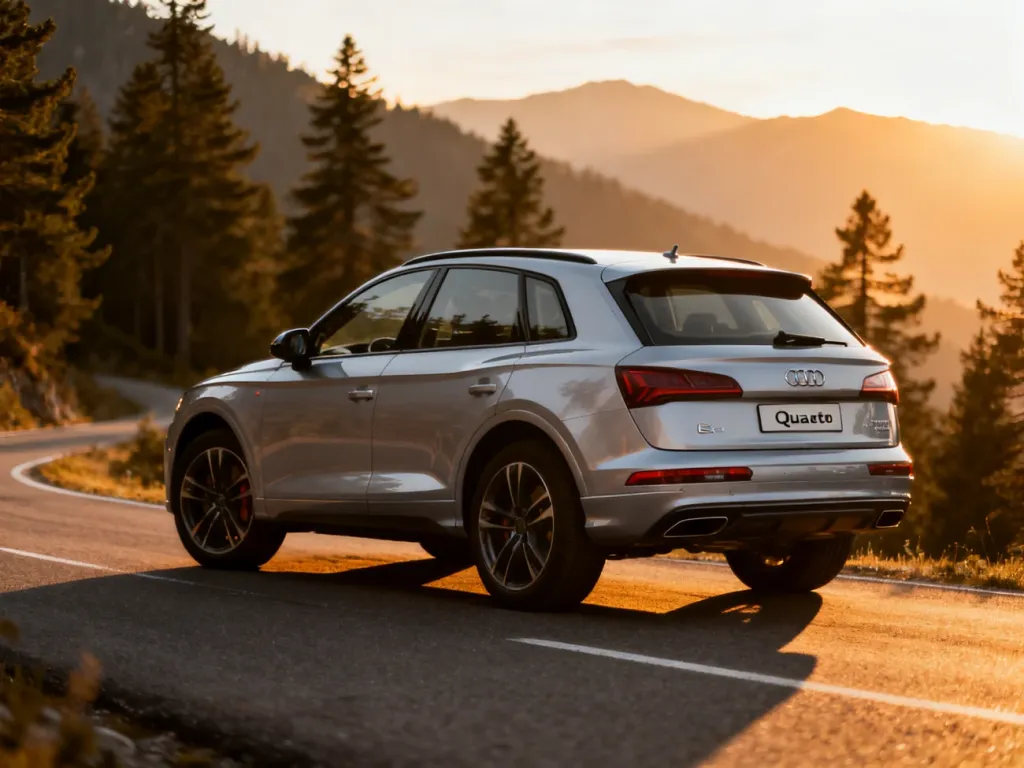 Srebrne Audi Q5 zaparkowane na malowniczej górskiej drodze w świetle zachodzącego słońca.