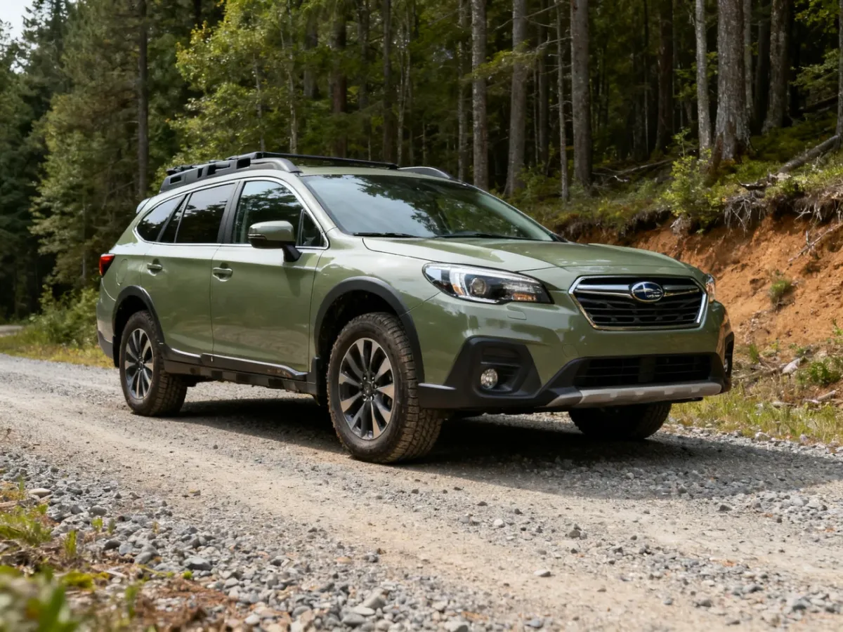 Subaru Outback na leśnej drodze szutrowej