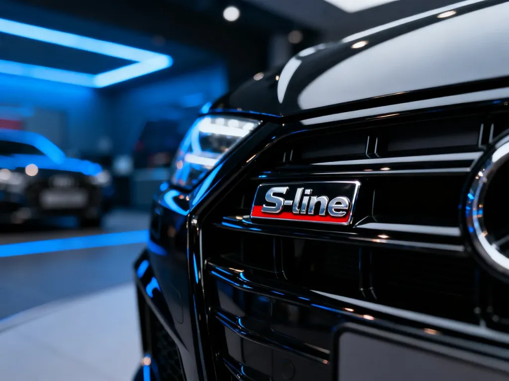 Chromowane logo S-line na czarnym grillu nowoczesnego samochodu Audi, podkreślające sportowy charakter i elegancję marki.