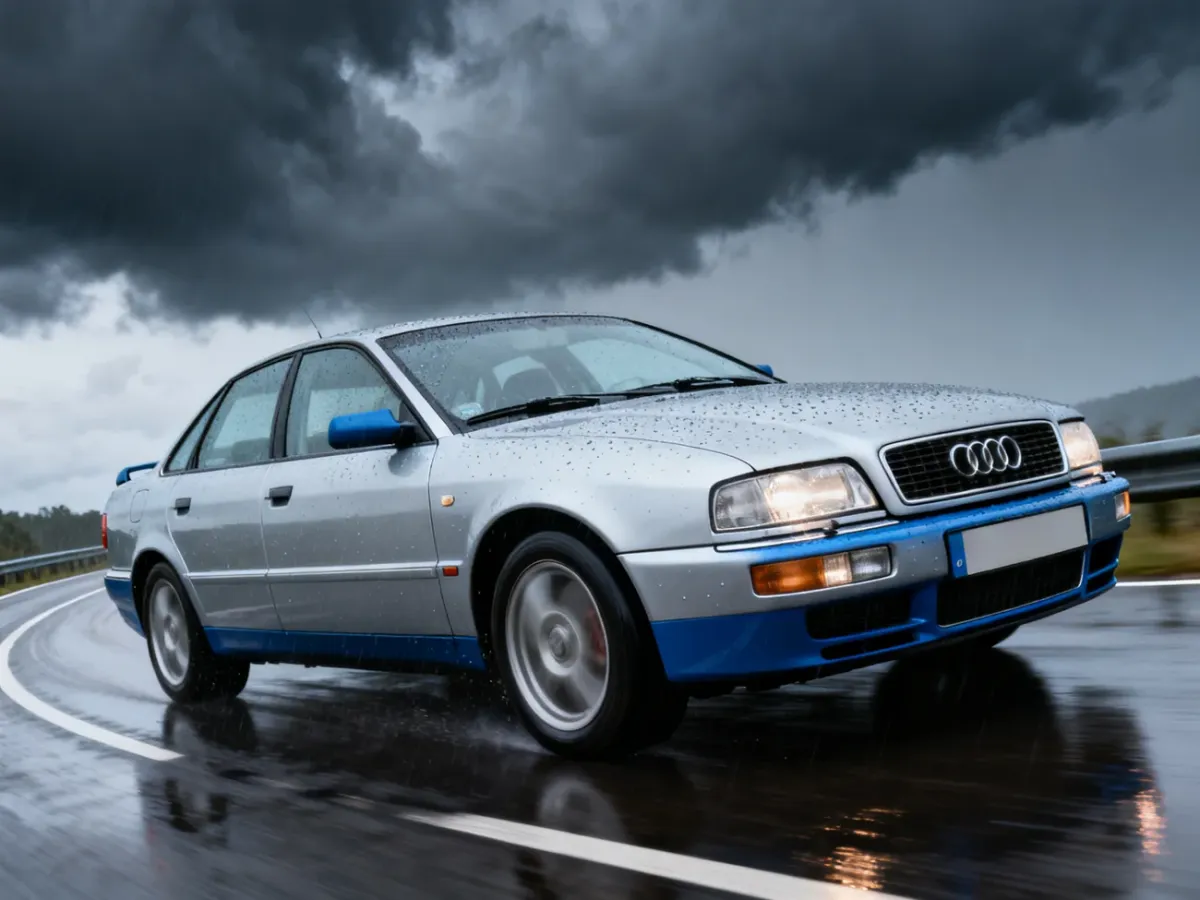 Audi 1.8T quattro jadące po mokrej, krętej drodze