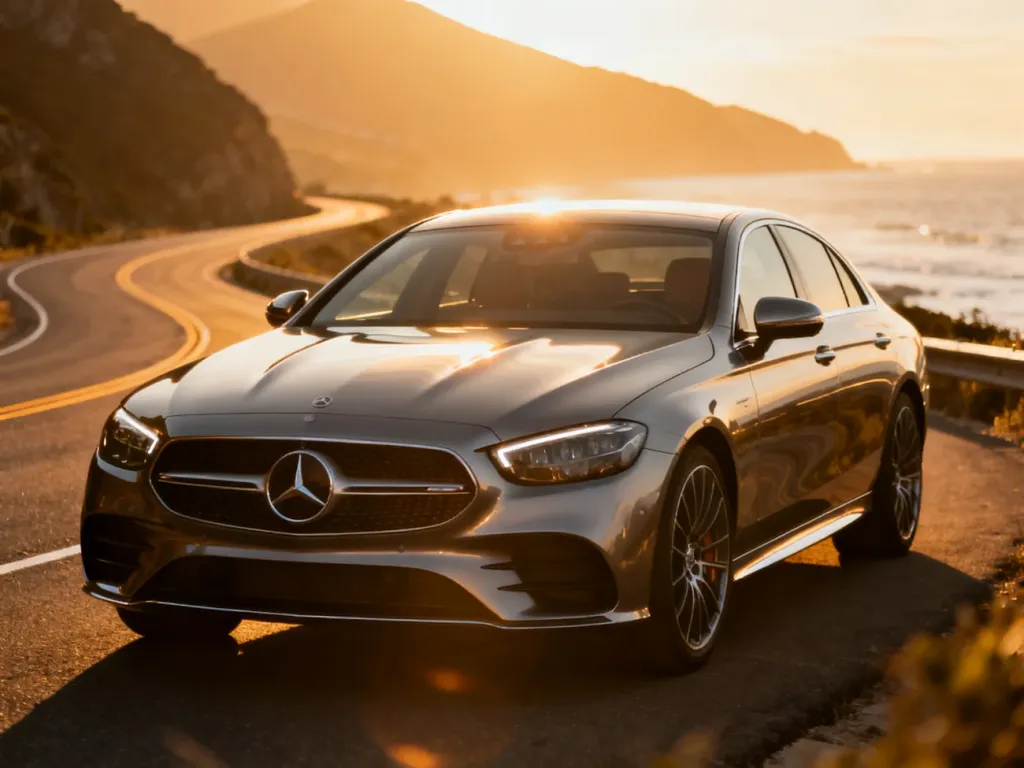 Nowoczesny sedan Mercedes-Benz zaparkowany na malowniczej nadmorskiej trasie podczas zachodu słońca.