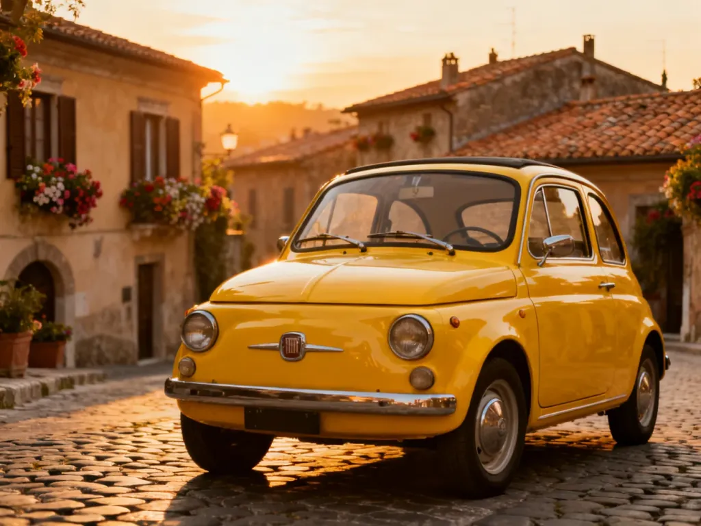 Klasyczny Fiat 500 zaparkowany na brukowanej uliczce w zabytkowym włoskim miasteczku w blasku zachodzącego słońca.