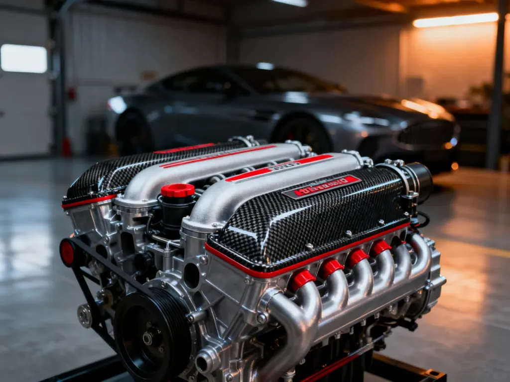 Zbliżenie na potężny silnik V8 biturbo z karbonowymi detalami w nowoczesnym garażu, podkreślające sportowy charakter Mercedesa.