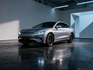 Futurystyczny model prototypu samochodu o aerodynamicznych kształtach, prezentowany w nowoczesnym studiu projektowym.