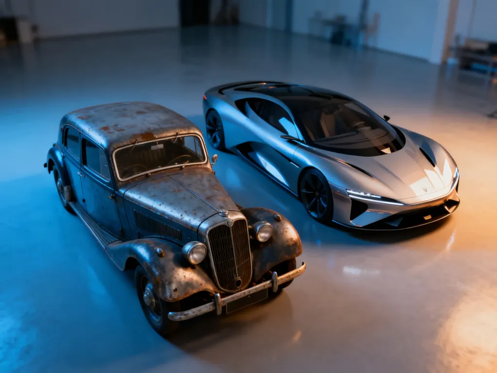 Klasyczny zabytkowy samochód zestawiony z nowoczesnym modelem, ukazujący ewolucję designu i technologii motoryzacyjnej.