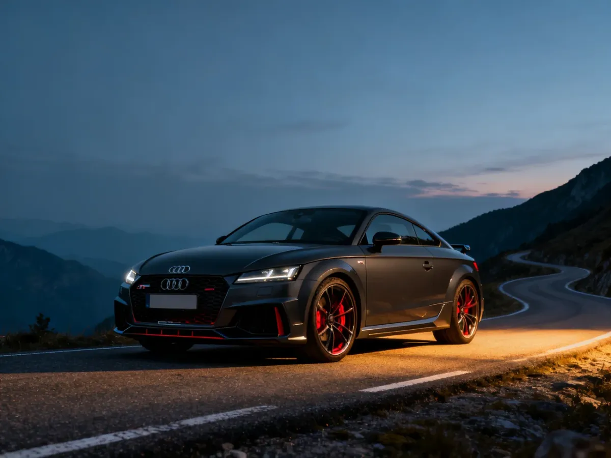 Audi TT RS na górskiej drodze o zmierzchu