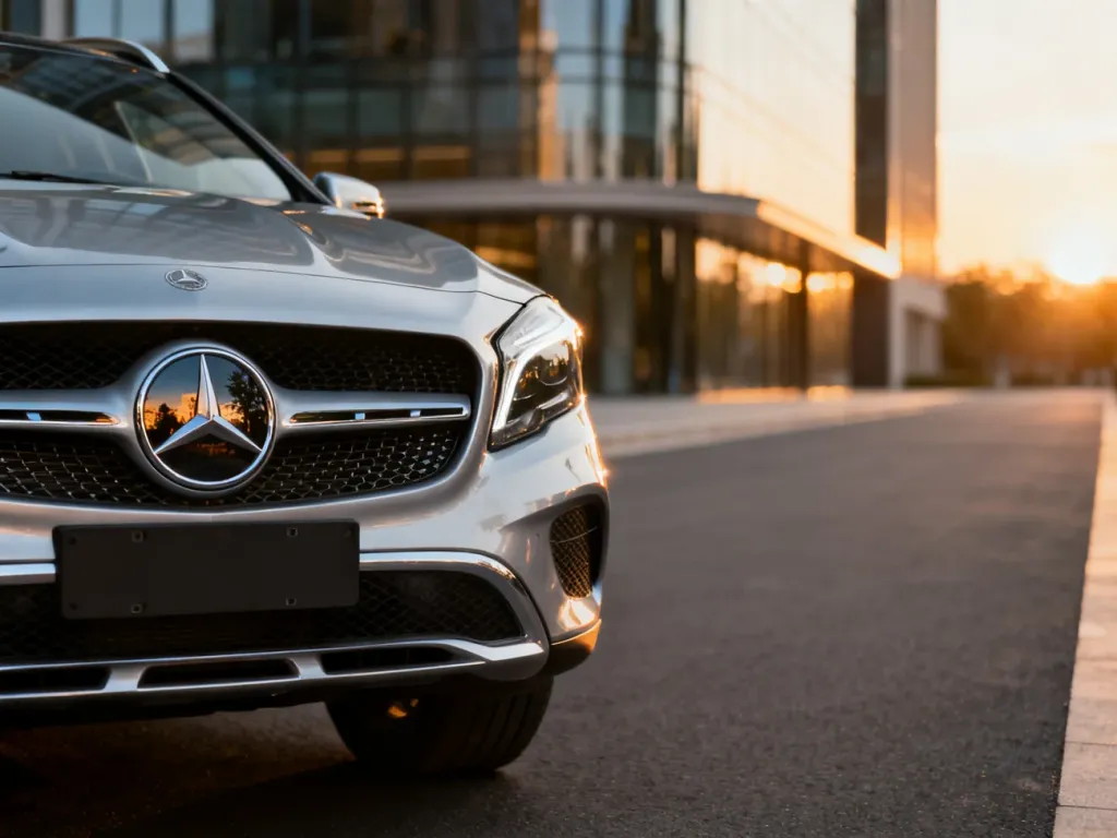 Srebrny Mercedes-Benz GLA zaparkowany na tle nowoczesnej architektury w świetle zachodzącego słońca.