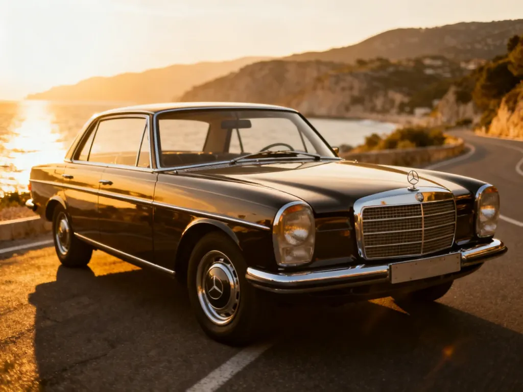 Klasyczny Mercedes W114 coupe zaparkowany na malowniczej nadmorskiej drodze w świetle zachodzącego słońca.