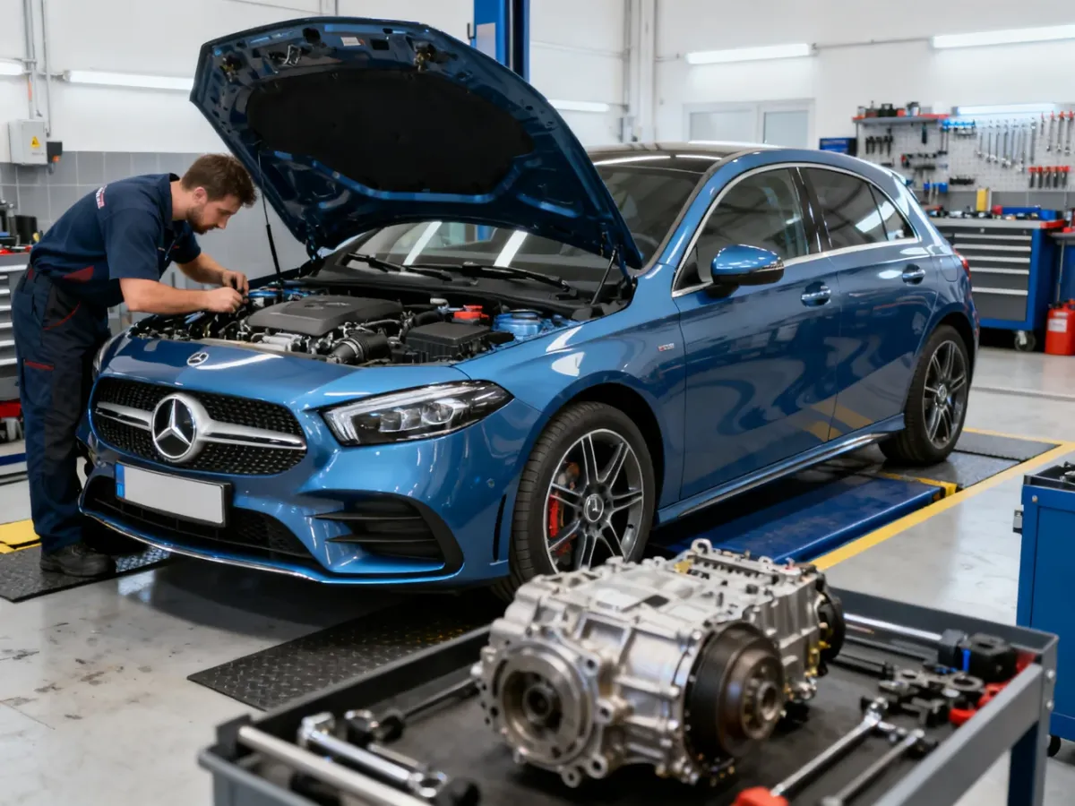 Mechanik sprawdza układ napędowy Mercedesa Klasy A w warsztacie