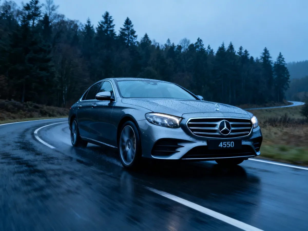 Mercedes-Benz E 450 pokonujący mokrą, krętą drogę