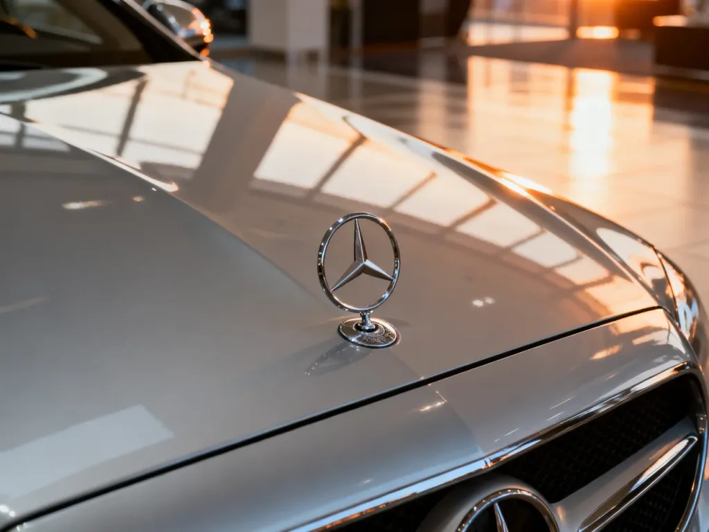 Srebrna maska Mercedesa klasy C z lśniącym emblematem marki w świetle zachodzącego słońca.