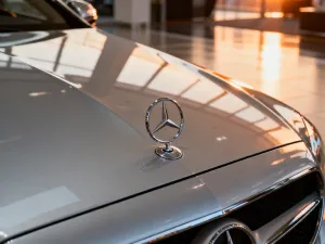 Nowoczesny Mercedes-Benz klasy A zaparkowany na mokrym asfalcie w świetle zachodzącego słońca.