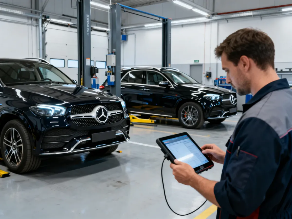 Dwie generacje Mercedesa GLE podczas profesjonalnych oględzin w warsztacie
