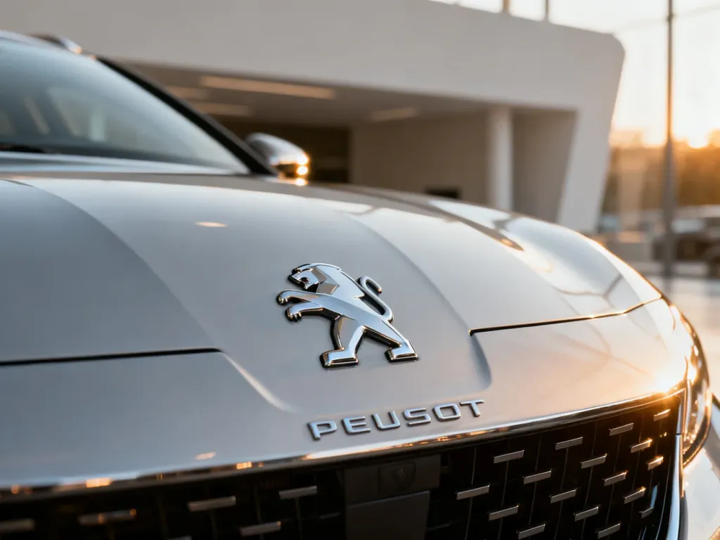 Zbliżenie na nowoczesny emblemat marki Peugeot na masce srebrnego samochodu w świetle zachodzącego słońca.