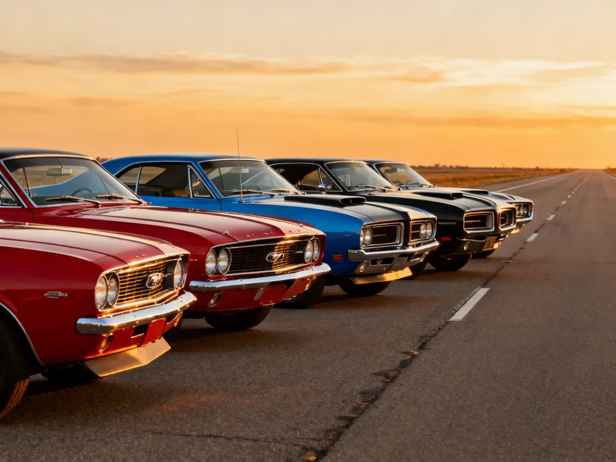 Klasyczne amerykańskie muscle cars ustawione na drodze o zachodzie słońca
