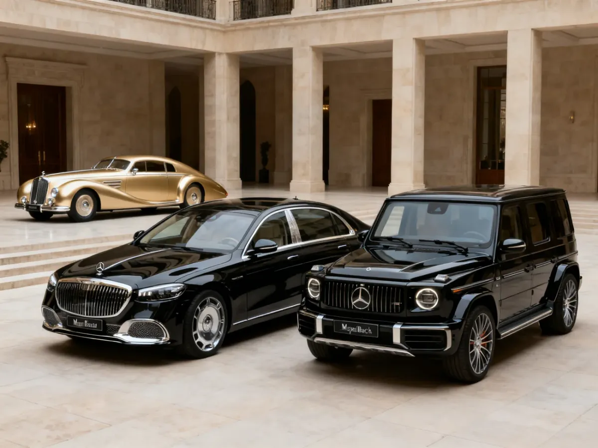 Współczesne luksusowe modele Mercedes-Maybach na tle nawiązującym do historii marki