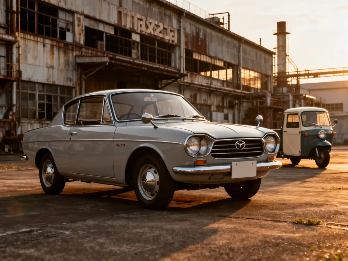 Zabytkowa Mazda R360 Coupe przed historyczną fabryką w Hiroszimie