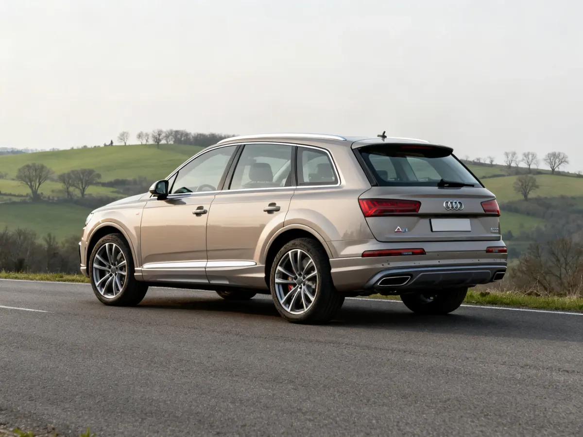 Audi Q7 na malowniczej drodze, ukazujące duże i nowoczesne nadwozie SUV-a
