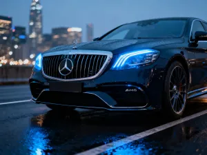 Zbliżenie na elegancki emblemat luksusowego kabrioletu Mercedes-Maybach na tle nowoczesnej rezydencji w świetle zachodzącego słońca.