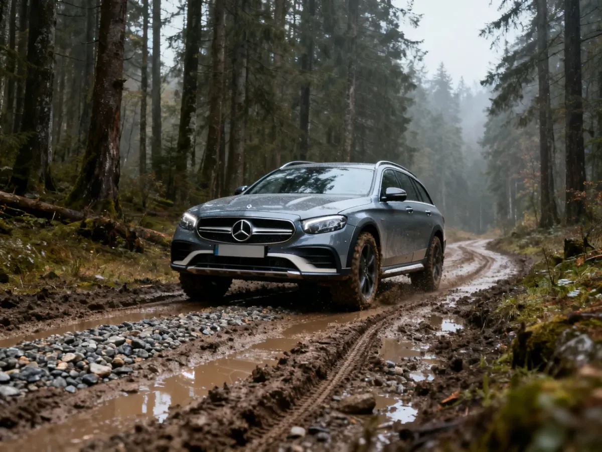 Mercedes E All-Terrain z podniesionym zawieszeniem na leśnej, nierównej drodze